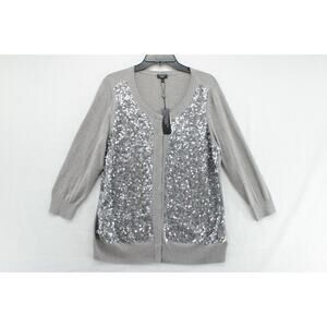 Talbots Sweater Women's 1X Gray Sequined 3/4 Sleeve Button-Up Cardigan NWT